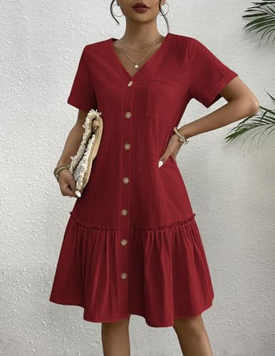 Image of HOTOUCH Women Button Down Dress Loose Summer Cotton Linen Dress Ruffle Hem Casual Dress Short Sleeve Tunic Dress