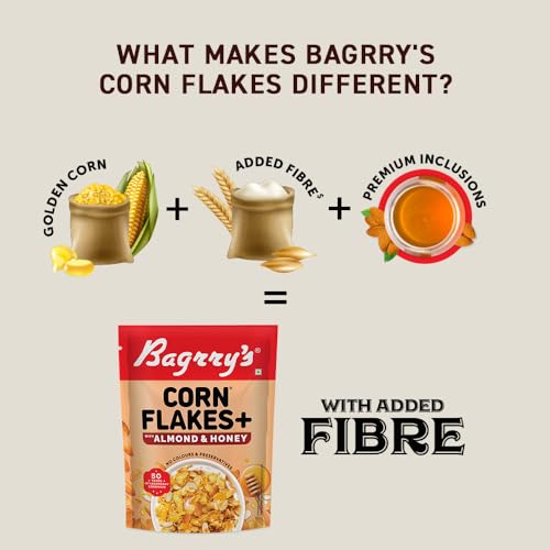 Image of Bagrry's Corn Flakes Plus With Almond And Honey, 300 gm Pouch | Goodness of Almonds, Golden Corn & Raw Honey | Source of Protein & High Fibre | All Natural Cornflakes (Pack of 2)
