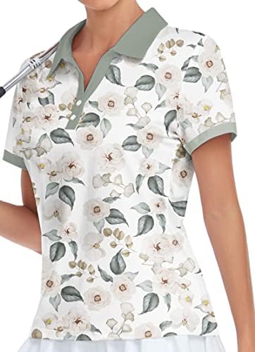 IGEEKWELL Womens Flower Print Golf Polo Shirts 2 Button V Neck Golf Shirts Short Sleeve Athletic Cooling Tennis Tees Green M