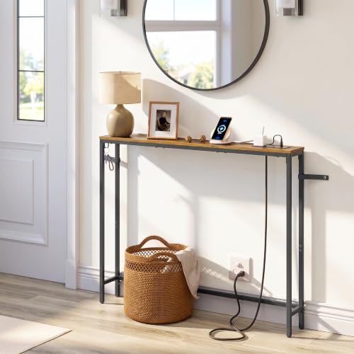 Image of VASAGLE 39.4 inch Console Table, Narrow Behind Couch Table with Outlet | Sofa Table with 1 Hook, for Entryway, Living Room, Easy Assembly, Rustic Brown and Ink Black, BARNET Collection ULNT079K01