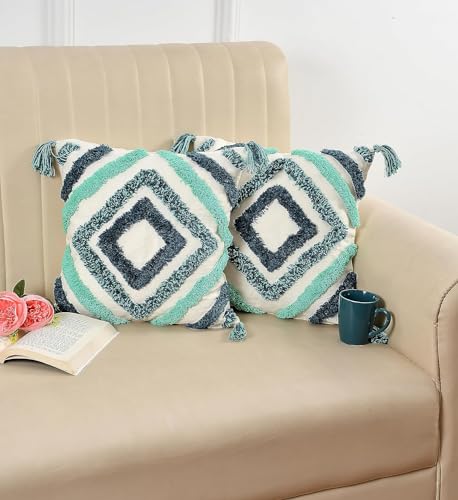 Image of Furnistitchs Premium Decorative Throw Cushion Pillow Cover Boho Home Decor - Living Room Bedroom Couch Sofa Cushion Covers 16 inch x 16 inch (2, Green Diamonds)