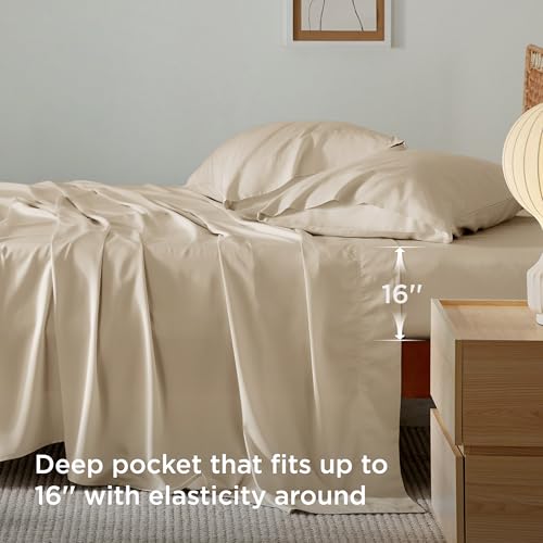 Image of Bedsure Cooling Sheets Twin, Rayon Derived from Bamboo, PureWoven, Breathable & Soft, Deep Pocket Up to 16 Inches, Hotel Luxury Silky Bedding for Hot Sleepers, Beige