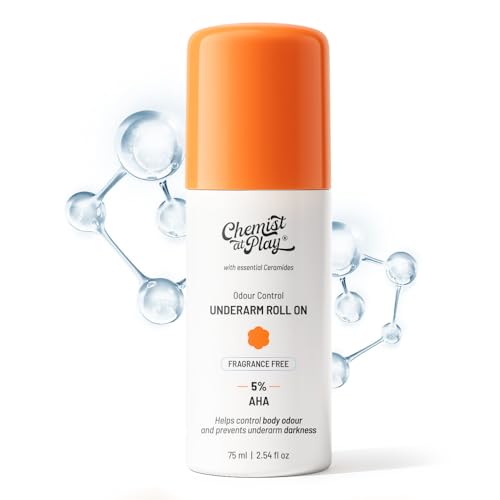 Image of Chemist At Play UnderArm Roll On Deodorant with 5% AHA, Lactic Acid & 1% Mandelic Acid | Prevents Body Odour & Fades Pigmentation |0% Aluminium & 0% Alcohol |For Sensitive Skin | Fragrance Free | 75ml