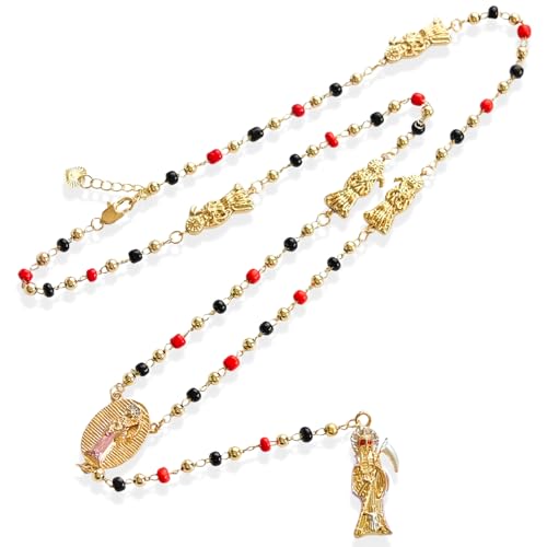 Santa Muerte Rosary Necklace - 3mm Mini Black & Red Beads Holy Death Protection Gift for Women Rosario de la Santa Muerte