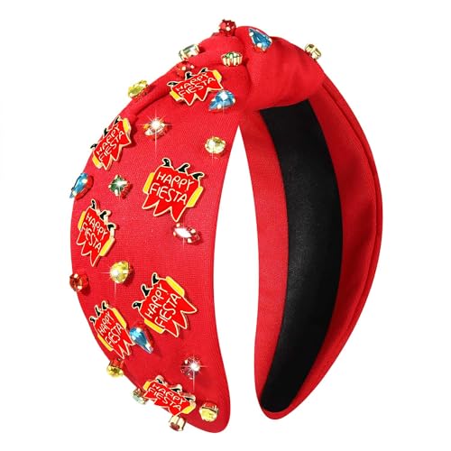 mokkia Mexican Headbands Cinco De Mayo Headband for Women Colorful Pinata Knotted Headband White Pink Rhinestone Crystal Jeweled Wide Top Knot Hairband Mexican Hair Accessories Gifts (Red Chili A)
