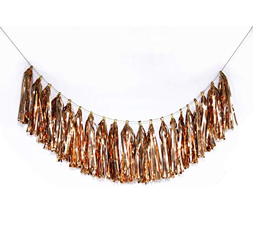 20 pcs Shiny Paper Tassels Fringe Banner, DIY Kit Party Metallic Foil Hanging Garland, Table Decor, Party Wall Backdrop Decorations, for Bachelorette Wedding Christmas Halloween New Year (Rose Gold)