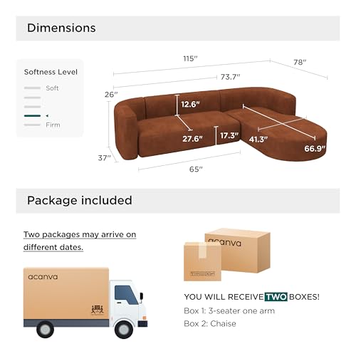 Acanva Luxury Modern Tight Curved Back Velvet Sofa, Minimalist Style Comfy Couch for Living Room Apartment, L-Shape Right Chaise, Tangerine - Image 2