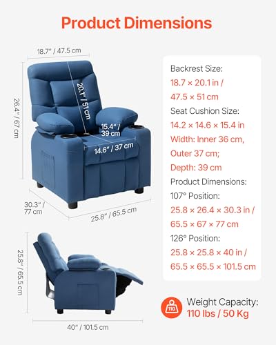 Image of VEVOR Kids Recliner Chair, Toddler Lounger with Cup Holders & Pockets, 107 to 126 Adjustable Back, Breathable Polyester Upholstery Reclining Sofa with Foot-Rest, for Boys and Girls, Children (Blue)