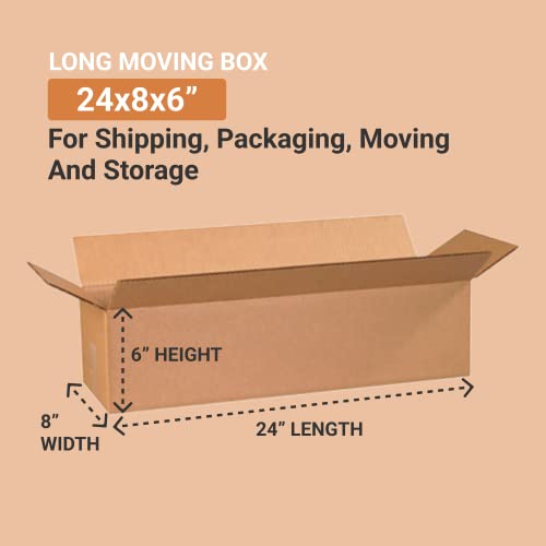Image of BOX USA 2486 Long Corrugated Cardboard Box 24 inch L x 8 inch W x 6 inch H, Kraft, For Shipping, Packing and Moving (Pack of 25)