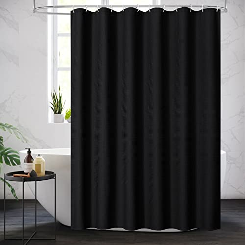 Mitovilla Black Waffle Fabric Shower Curtain, 230 Gsm Heavyweight Hotel-Grade Cloth Shower Curtain For Modern Country Bathroom Decor, Durable & Wrinkle Resistant, 72 X 72 #TOP1