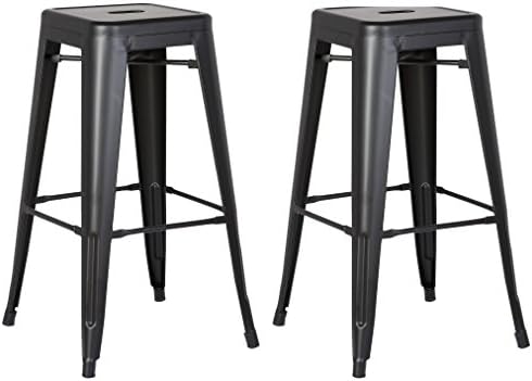 AC Pacific Modern Backless Light Weight Industrial Metal Barstool 4 Leg Design, 24" Seat Bar Stools (Set of 2), Matte Black Finish