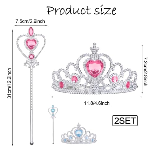 LIURFLNC 2 Pcs Krone Mädchen, Diadem Kinder, Zauberstab Mädchen Prinzessin Krone Prinzessinnenkrone Passend für Sophie/Rapunzel/Halloween/Karneval/Cosplay-Kostüme(Blau/Rosa)
