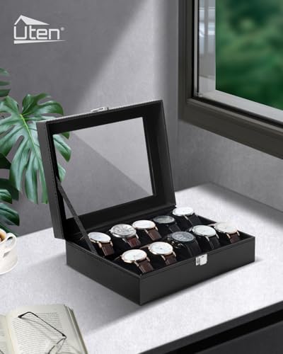 Image of Uten Watch Box 10 Slots, Watch Box for Men, Watch Display Case, Watch Storage Box with Removable Cushion, Metal Clasp, PU Leather, Black