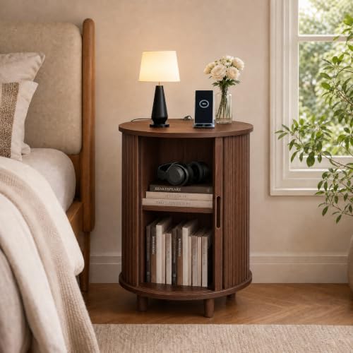 Image of DHH Round End Table with Storage & Charging Station, Fluted Accent Side Table with Sliding Door & Adjustable Shelf, Mid-Century Nightstand for Small Spaces, Living Room, Bedroom (1, Walnut)
