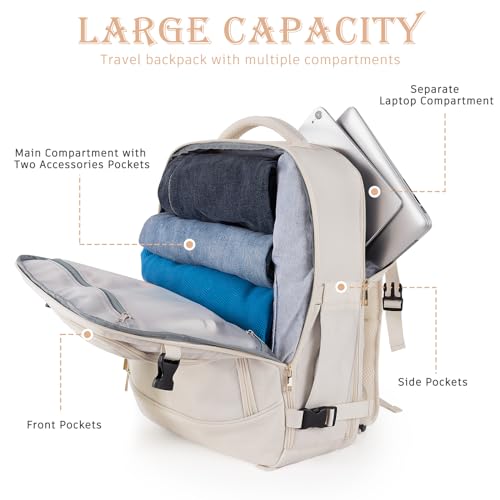 Image of Rinlist Large Travel Backpack for Men Women, TSA Friendly Airline-approved Carry on Backpack, 40L Casual Daypack Weekender Backpack Personal Item Size, Beige