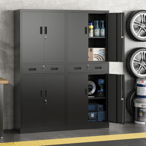 Image of Metal Storage Cabinet with Lock Door, Adjustable Shelves, 1 Drawer