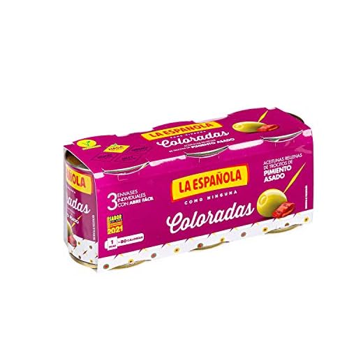 La Española - Pack de Aceitunas Rellenas de Pimiento Asado I Pack de 8 Unidades 3 X 50Gr I Olivas de Mesa I COLORADAS