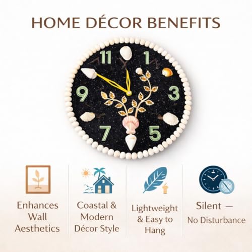 Image of Sea Shell Wall Clock Black | Decorative Coastal Ocean Theme Silent Non-Ticking Analog Clock for Home, Living Room, Bedroom & Office