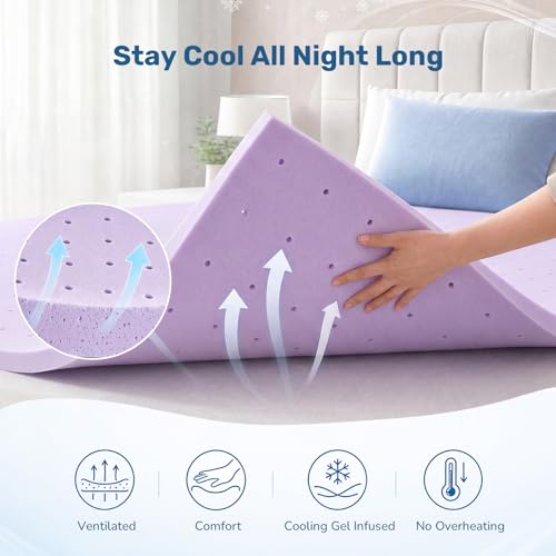 Image of DUMOS 1.5 Inch Cooling Memory Foam Mattress Topper Twin XL, Gel Ventilated Soft Pressure Relief Mattress Pad, Breathable Bed Topper for Bedroom, RV and Sleeper Sofa, CertiPUR-US Certified, Purple