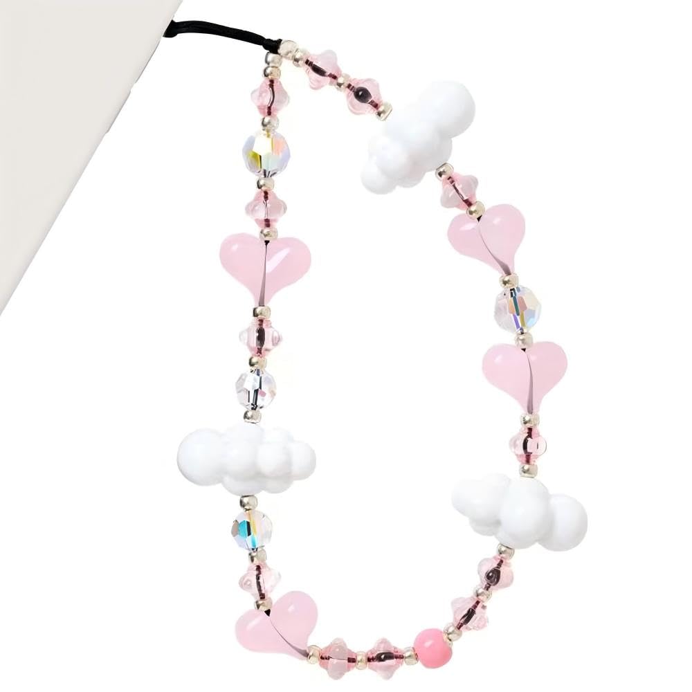 WCCH Beaded Phone Charm Y2K Kawaii Handmade Acrylic Phone Lanyard Wrist Strap for Camera Bag Airpods Keychain Charm Gold and White Pearls — view 26