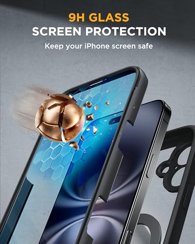 Image of Miracase for iPhone 16 Case with 360 Magnetic Ring Stand [Compatible with Magsafe] Full-Body Drop Proof Bumper Phone Case with Built-in 9H Tempered Glass Screen Protector,Black