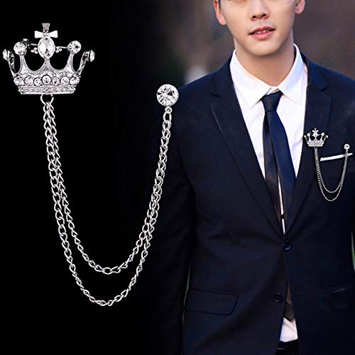 image for Shuxy 2PCS Men's Crown Hanging Chain Brooch with Stone Detailing, Engr