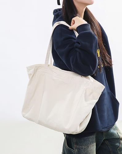 Image of Cotton Tote Handbag Women Canvas Crossbody Beach Bag Hobo Shoulder Tote Bag with 3 External Pocket,Zipper Closure