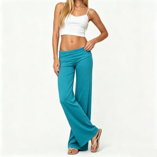 Image of Lounge Yoga Pants for Women Fold Over Low Waist Wide Leg Bell Bottoms