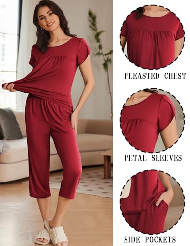 Image of Ekouaer Women's Capri Pajama Set Short Sleeve Mumu Pjs Pleated Top Capri Pants with Pockets Sleepwear Lounge Set