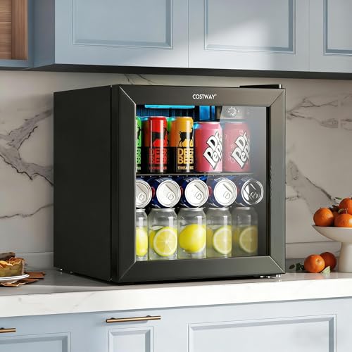 Image of COSTWAY Beverage Refrigerator Cooler, 1.3 Cu. Ft. 12 Bottles 55 Cans Mini Fridge with Tempered Glass Door, Removable Shelf & Adjustable Temperatures, Compact Drink Cooler for Wine, Beer & Soda