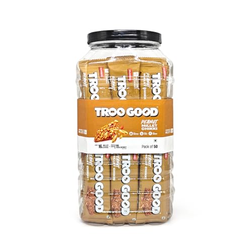 Image of TROOGOOD Peanut Chikki Jar (50Pcs, 16g Each) Jaggery Peanut Bars, Millet Chikki, No Added Preservatives or Colours | Gajak, Healthy Indian Sweets Snack, Protein Bar Alternative, Kids Snack, Office Snack