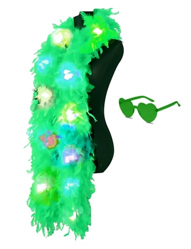JIANGLAI Colorful Feather Boas 6.6ft Boa with 20 Color LED Lights for Women for Dancing Wedding Party Halloween with Heart Sunglasses (Green)