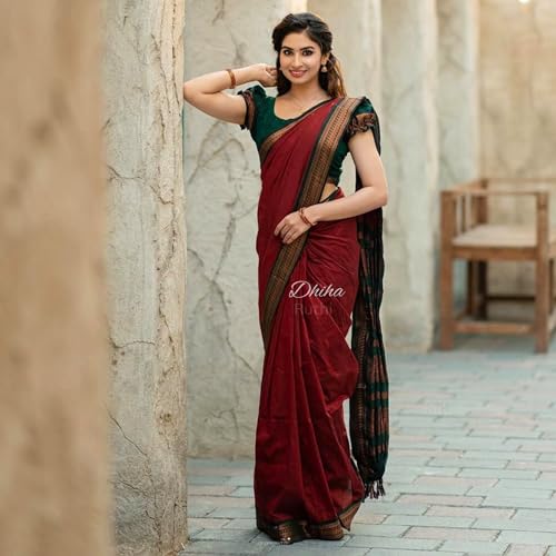 Image of DHIHA Gadwal Cotton Saree for Women | Pure Kalyani Cotton Saree with Zari Border Tassels & Blouse | Kanjivaram Linen Silk | Handloom Weave