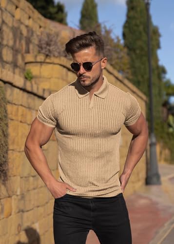 Collared Muscle Shirts for Men Ribbed Knit Slim Fit Polo Shirts Short Sleeve, Mens V Neck T Shirts Casual Stylish3