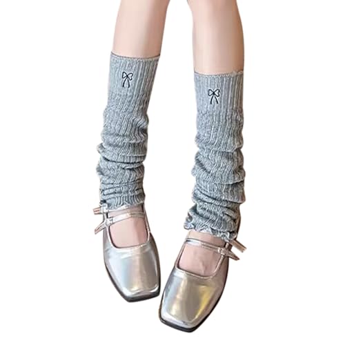 CHUDOU Calentadores de piernas, calentadores de piernas de punto acanalado con lazo bordado dulce for mujeres estilos de ballet cubiertas de botas con volantes calcetines hasta la pantorrilla(Grey)