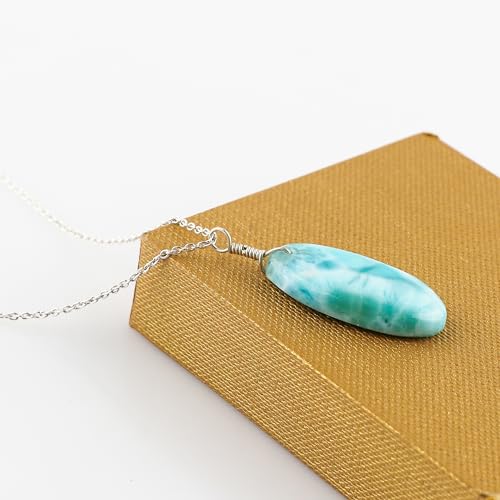 GEMKORA Larimar Crystals Cabochon Gemstone Crystal Pendant Necklace, Polished Birthstone, Healing Stone, Christmas Day Gift, Silver Jewellery 18 inch