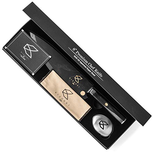 Kizzaki Premium 8 inch AUS-10 Japanese Super Steel Chef Knife - Ultra Sharp Blade - Hammered - Damascus Pattern - Acacia Wooden Sheath - Steel Soap - Magnetic Gift Box