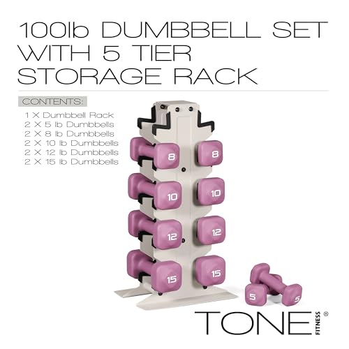 Image of Tone Fitness Neoprene Dumbbell Set with Storage Rack - Non-Slip, Anti-Roll Hand Weights for Home Gym Workouts | 20 lb, 32 lb, 50 lb, 60 lb & 100 lb Options