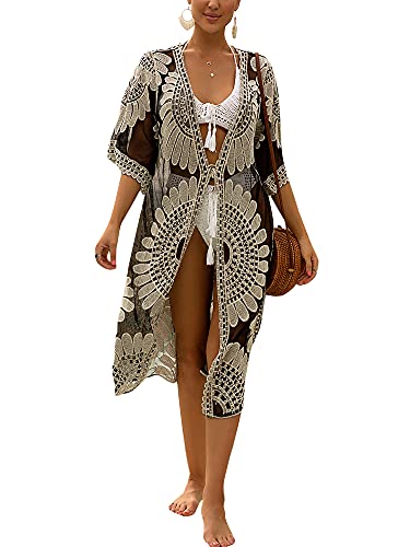 Traje de baño largo con kimono de crochet floral y cárdigan transparente