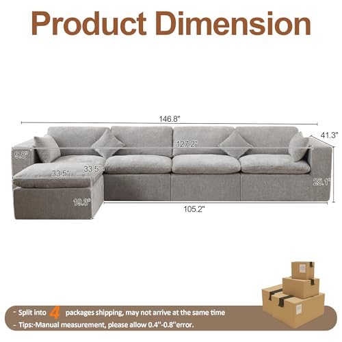 Image of 146''Cloud Boneless Sectional Couch, Modular Sectional Sofa Deep Seat with Ottoman, Oversized Upholstered Convertible Comfy 5 Seater Chenille Sofa L Shape Couches for Living Room, Light Grey