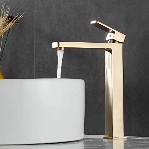 Tall Bathroom Faucet For Vessel Sink, Newrain Modern Single Handle Brushed Gold Bathroom Vessel Faucet With Pop Up Drain Stopper #TOP2