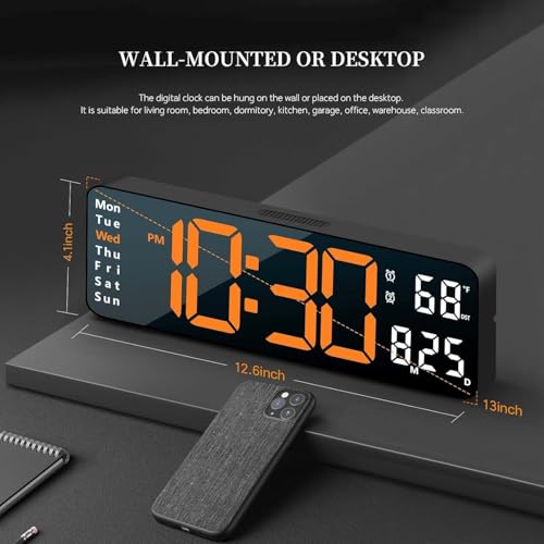 Image of 13 inch Plastic Digital Wall Clock - Large Orange & White LED Display, Remote Control, Auto Brightness Dimmer, Date, Day & Temperature Display - Ideal for Living Room, Office, Gym, Shop