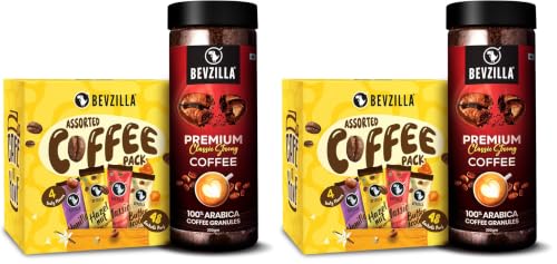 Image of Bevzilla 200g Classic Strong Instant Coffee Powder + 48 Assorted (4 Flavours) Instant Coffee Powder Sachets| Arabica Beans|Best For Espresso, Latte, Cappuccino|Enjoy Hot & Cold (Pack of 2)