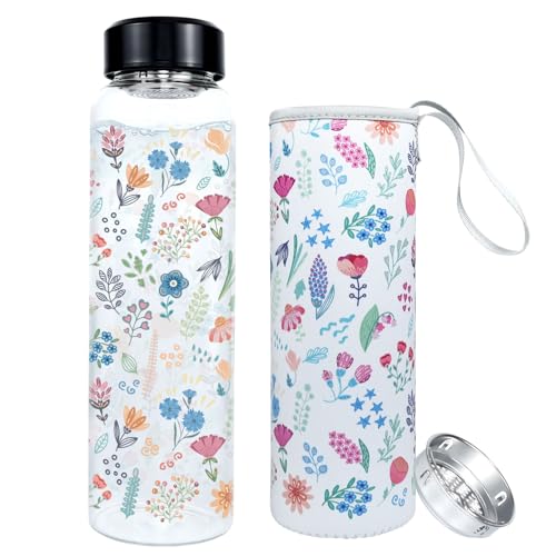 PAPU Bouteille D'Eau Verre,1 000 ml/1 Litre,Goulot Large 5,5 cm,Avec Couvercle Protection Filtre Acier Inoxydable,Sans Bpa Anti-Fuite,Idéale pour Sport Bureau (Violet)