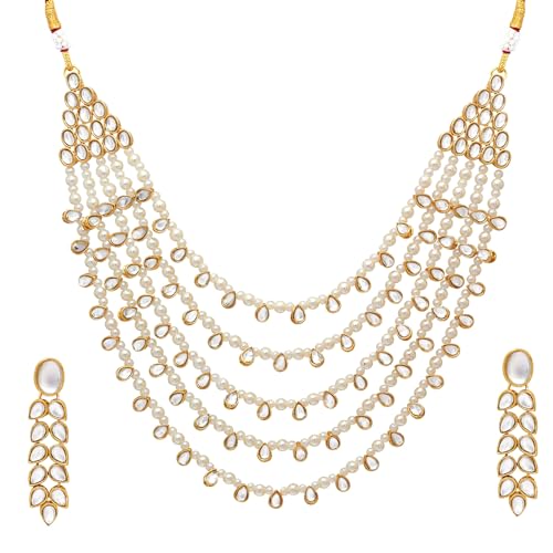 Image of Peora Faux Pearl Kundan Layered Necklace & Jewellery Set Gift for Women