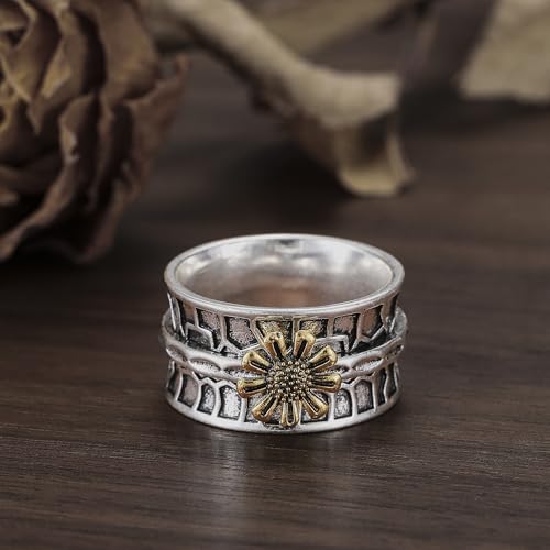 White Gold Plated Ancient Silver Cubic Zirconia Sunflower Design Wide Statement Ring Personalized Accessory Ideal for Women's Daily Casual Wear Party Holiday Anniversary Love Jewelry Gift2