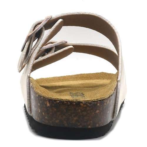 Image of Genuine Leather Cork Footbed Sandals with Arch Support Women Men's Flat Slip Slippers with Adjustable Double Buckle Beach Sandal Memory Foam Slides Open Toe Slipper for Summer Vacation