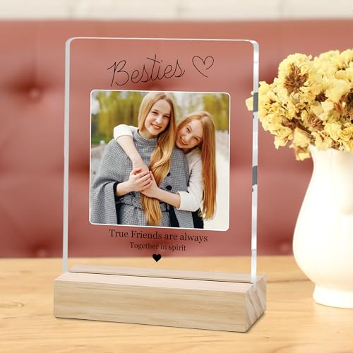 Image of Giftplease Customized Friends Plaque with Wooden Stand | Personalized Photo Frame with Quote | Best Friend Birthday Gift, Farewell Gift, Friendship Day Gift for BFF Keepsake Room Decor FR 03