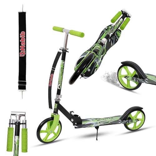 Habib Gruppe Kickroller Kinderroller – Klappbar, 4-Stufig Höhenverstellbar, XXL Räder, bis 80kg Belastbar, Tretroller Kickscooter Cityroller für Groß und Klein - Grün