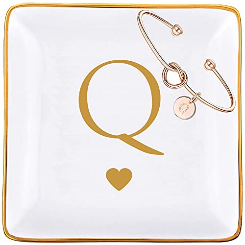 Initial Gifts Set for Woman Ceramic Jewelry Tray Ring Dish Trinket Dish with Gold Initials Key Bowl Holder with Rose Gold Initial Knot Bracelet Gifts for Her Women Grandma Mom Daughter Friend Sister Birthday Bridesmaid (Letter Q)